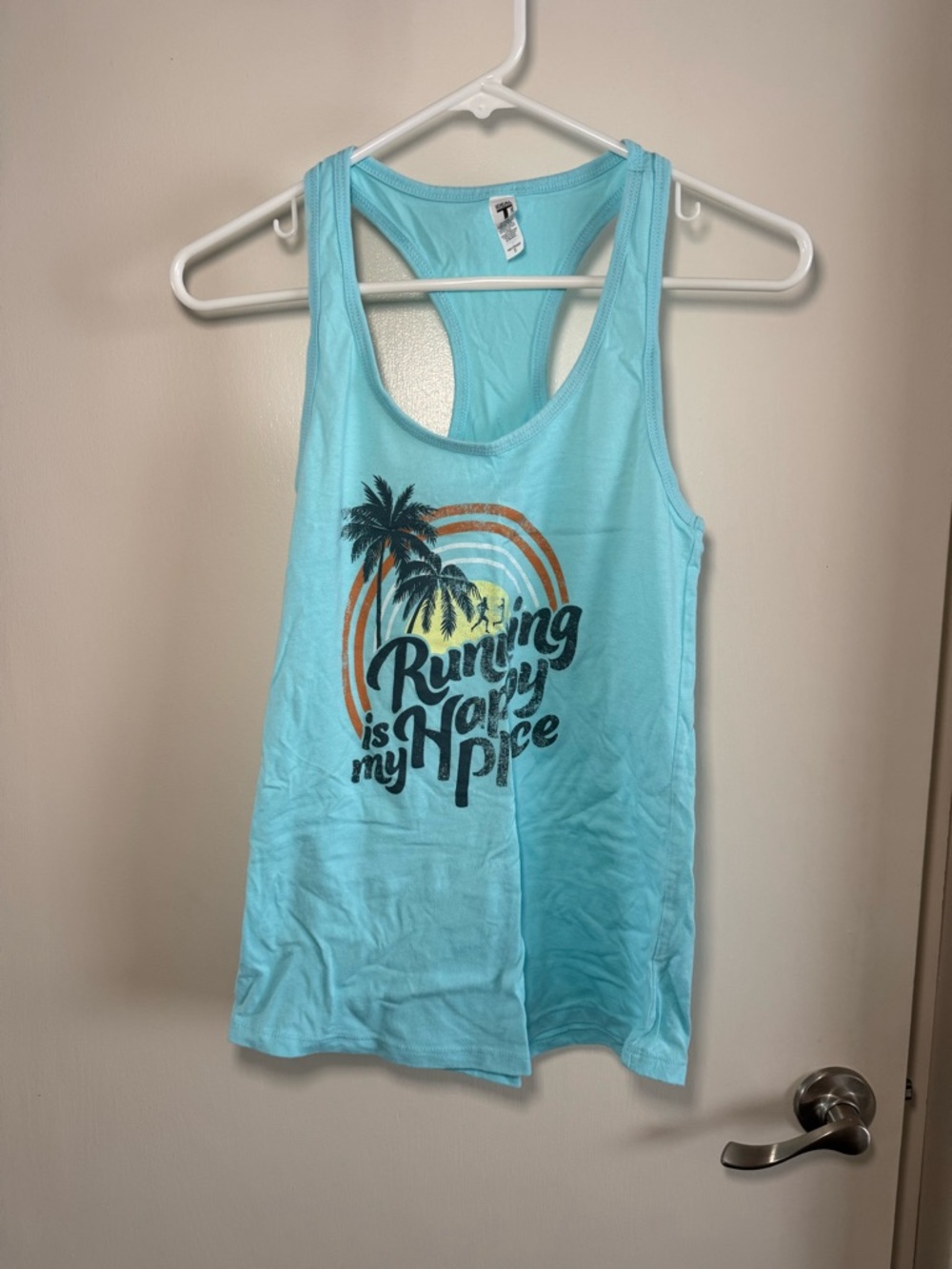 Aqua Racerback Tank Top with Palm Graphic - "Running is my Happy Place"